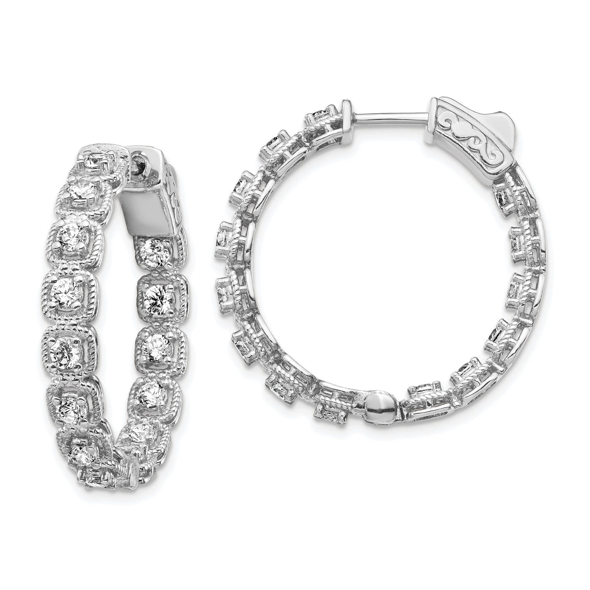 Sterling Silver Hoop Earrings with Round and Cushion Cubic Zirconia, Vintage Milgrain Detail