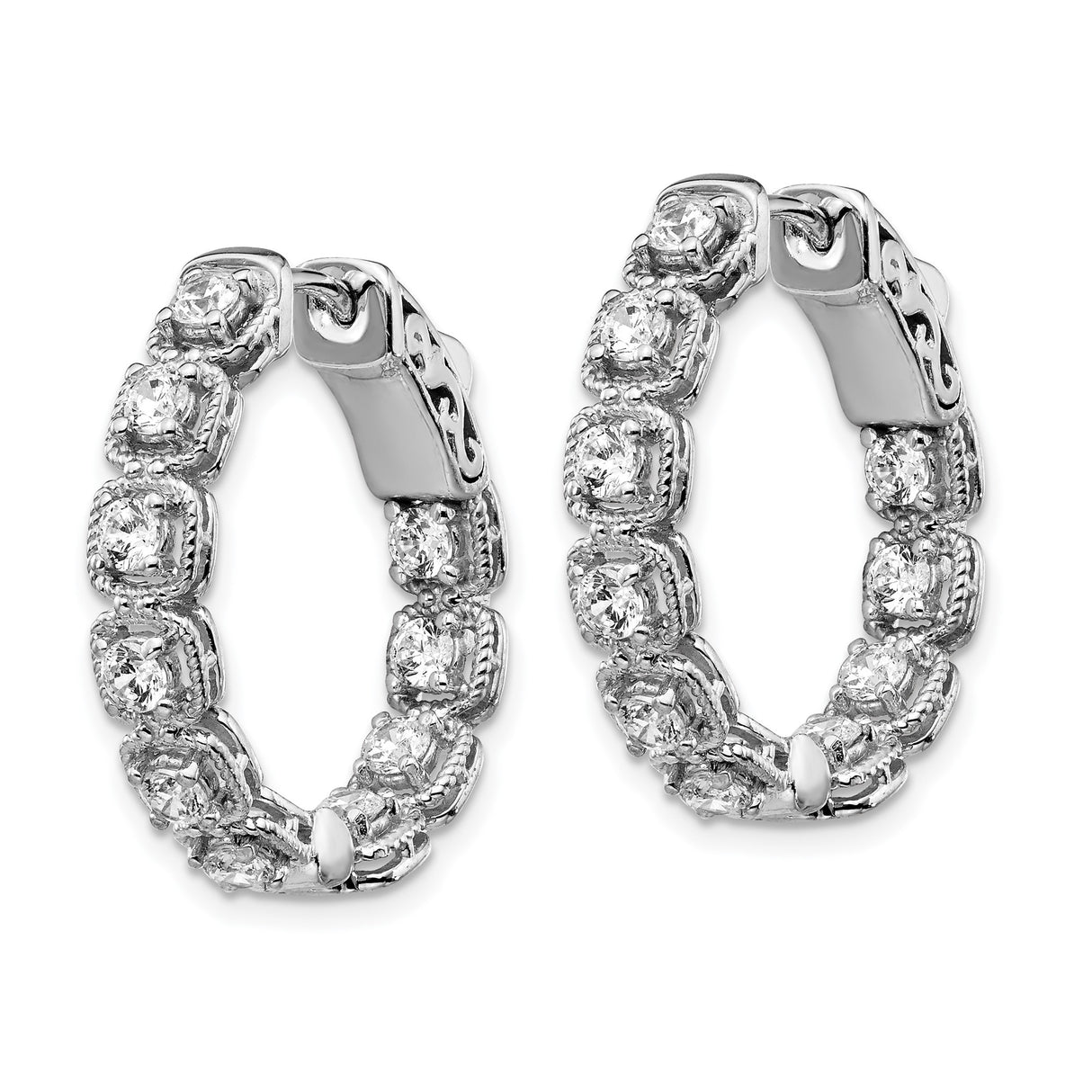 Sterling Silver Hoop Earrings with Cubic Zirconia, Milgrain Square Frames and Oval Design for Women