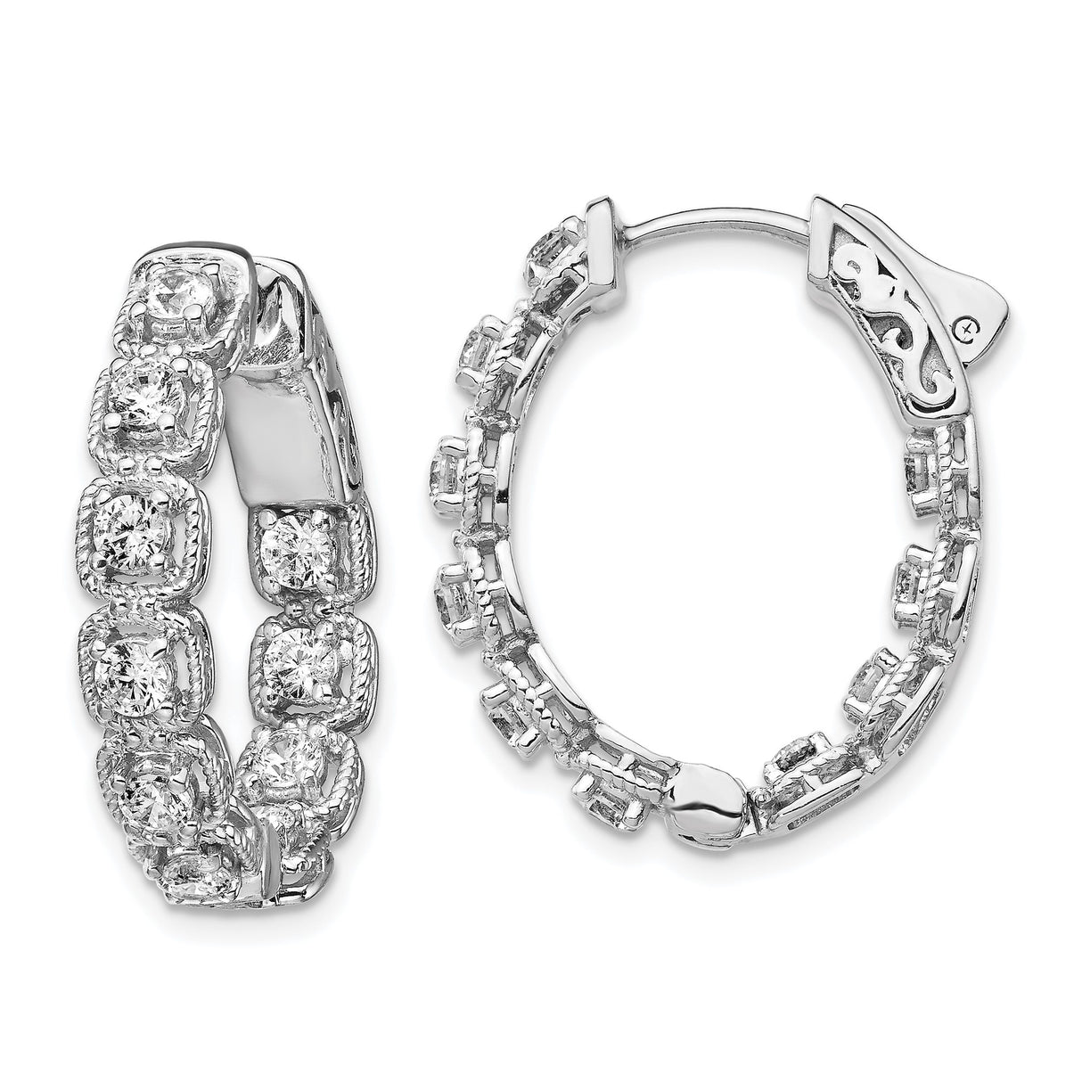 Sterling Silver Hoop Earrings with Cubic Zirconia, Milgrain Square Frames and Oval Design for Women