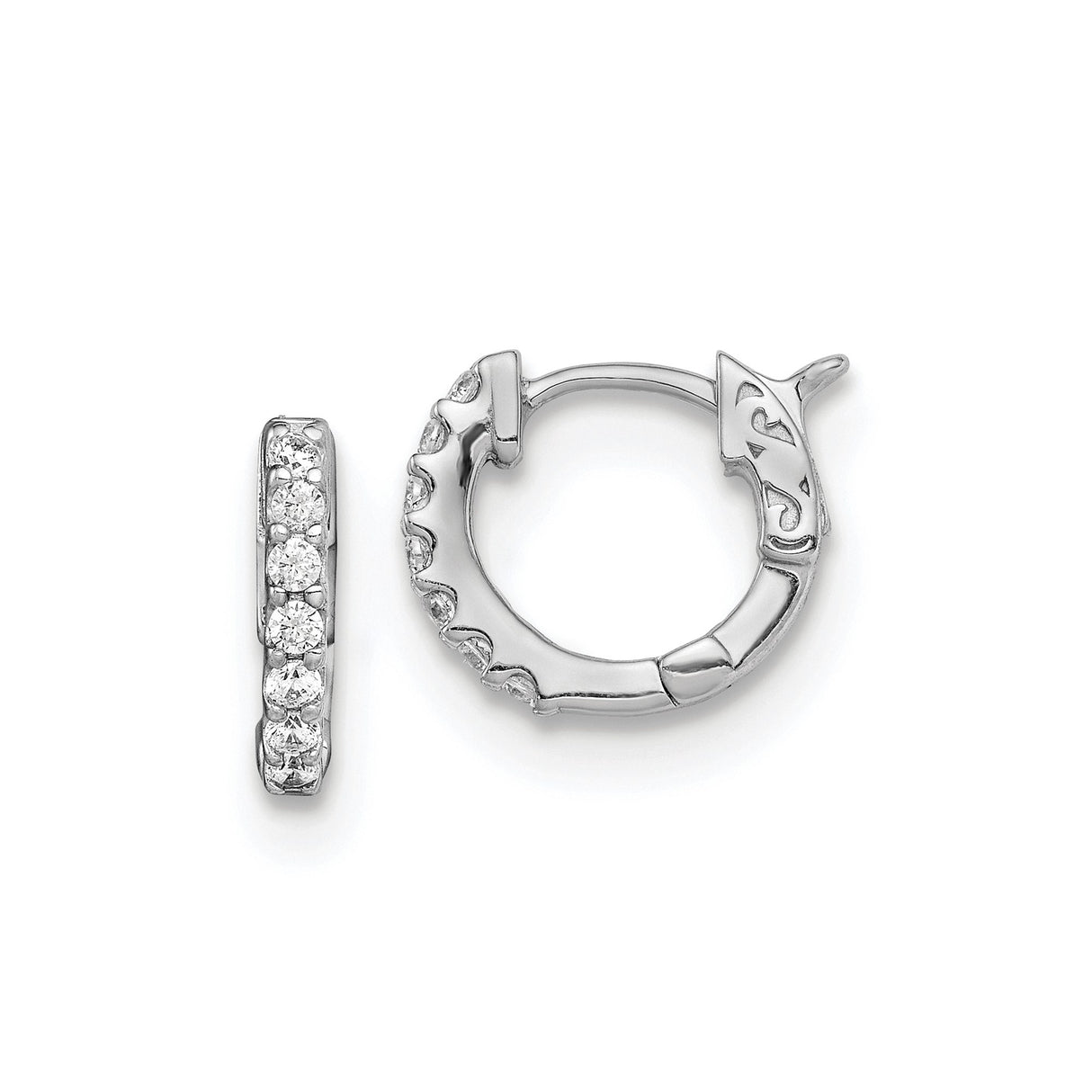 Sterling Silver Huggie Earrings with Round Cubic Zirconia and Scrollwork Detail