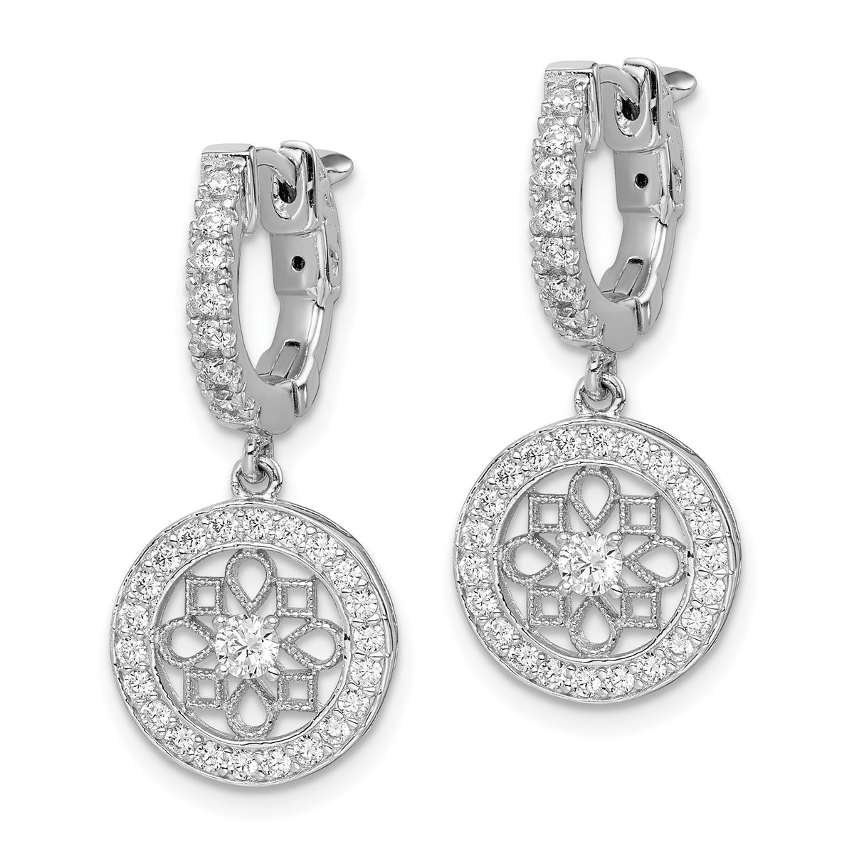 Sterling Silver Dangle Earrings with Cubic Zirconia, Floral Mandala Design, Boho Style for Women
