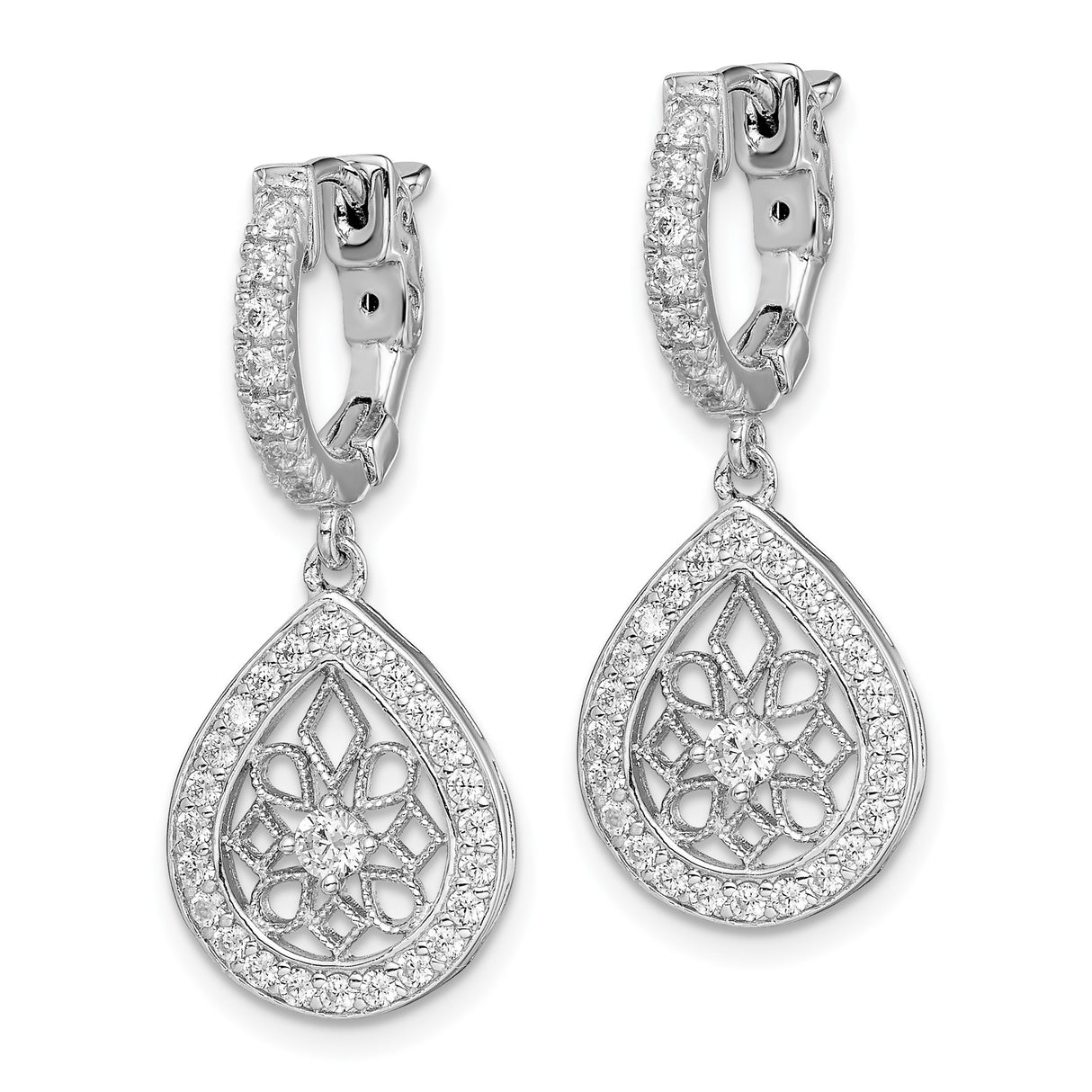 Sterling Silver Teardrop Dangle Earrings with Cubic Zirconia and Floral Filigree Design