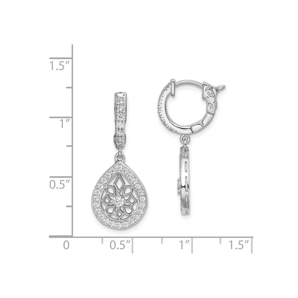 Sterling Silver Teardrop Dangle Earrings with Cubic Zirconia and Floral Filigree Design