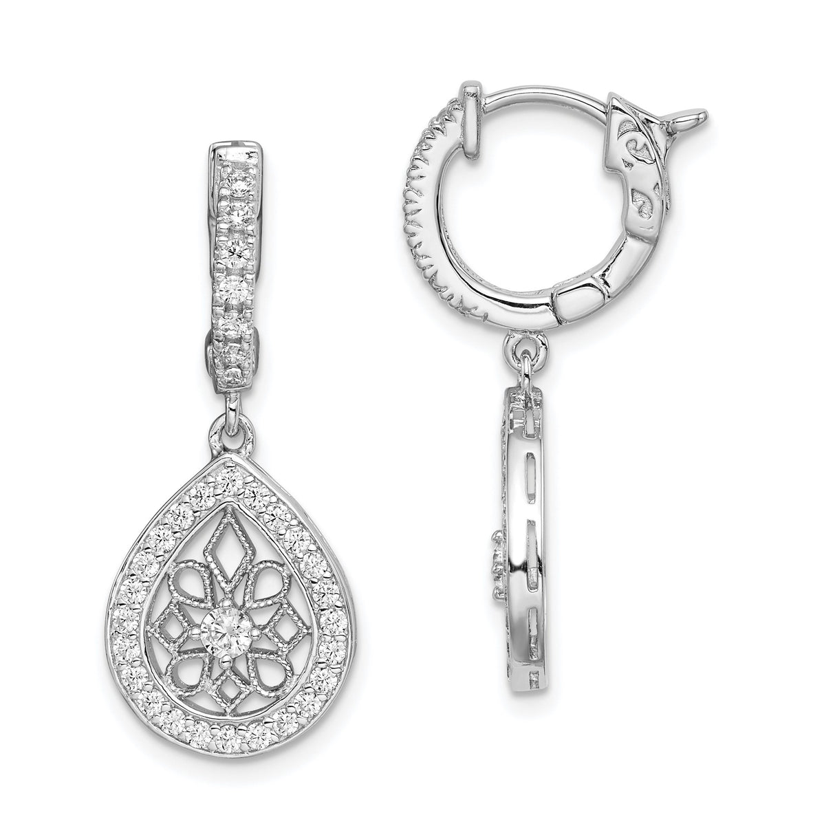 Sterling Silver Teardrop Dangle Earrings with Cubic Zirconia and Floral Filigree Design