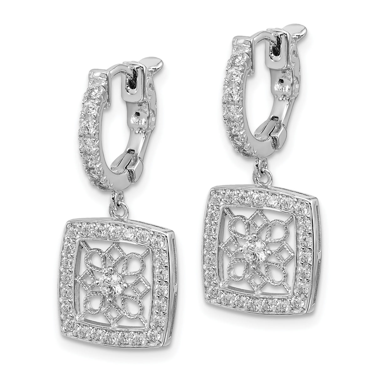 Sterling Silver Dangle Earrings with Cubic Zirconia, Cushion Drop and Flower Mandala Design