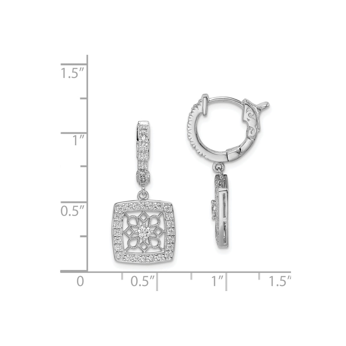 Sterling Silver Dangle Earrings with Cubic Zirconia, Cushion Drop and Flower Mandala Design