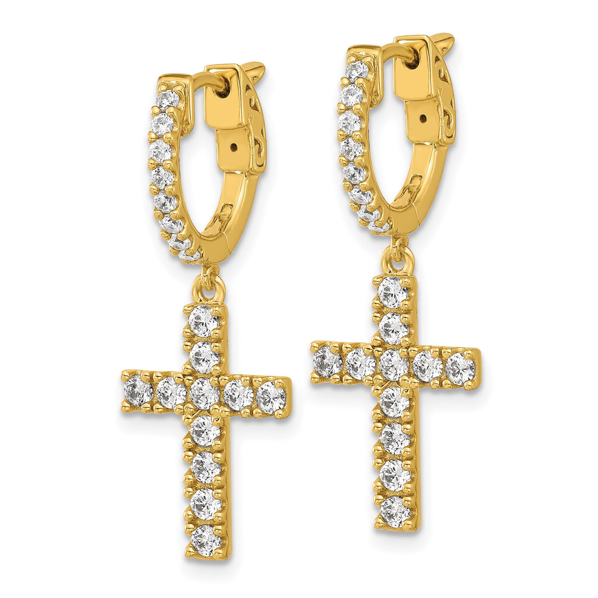 Sterling Silver Gold Plated Hoop Earrings with Cubic Zirconia Cross and Textured Bar Charms