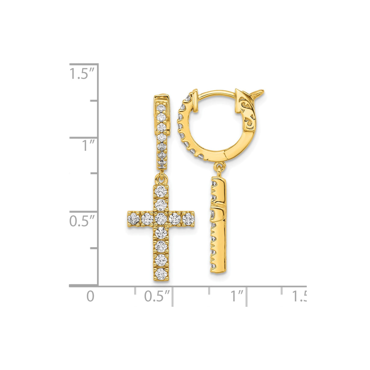 Sterling Silver Gold Plated Hoop Earrings with Cubic Zirconia Cross and Textured Bar Charms