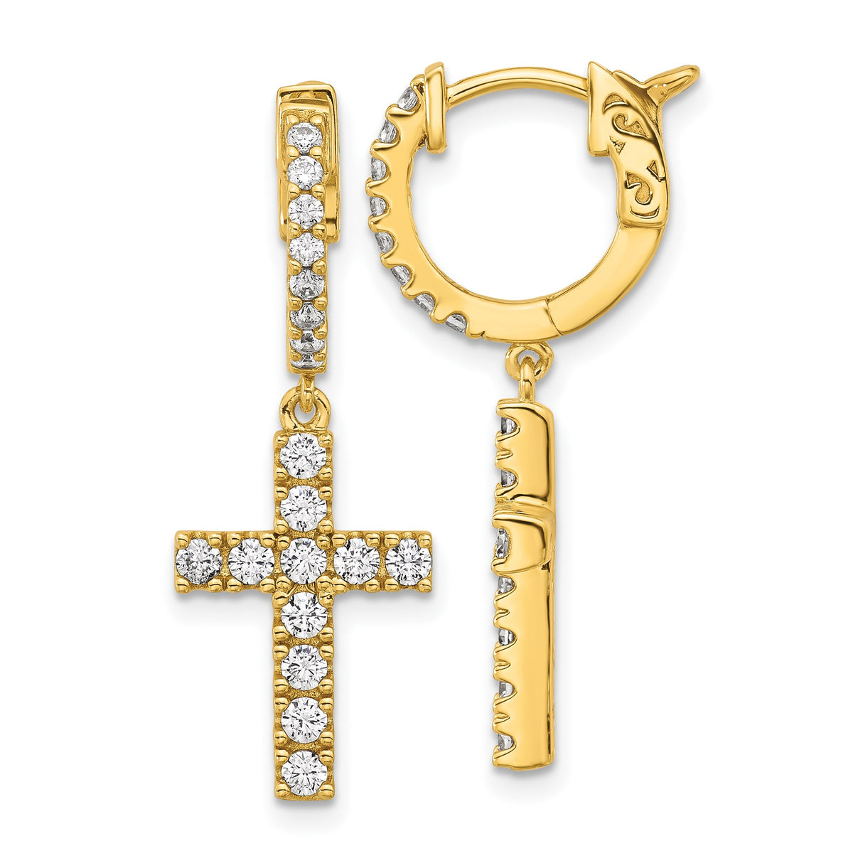 Sterling Silver Gold Plated Hoop Earrings with Cubic Zirconia Cross and Textured Bar Charms