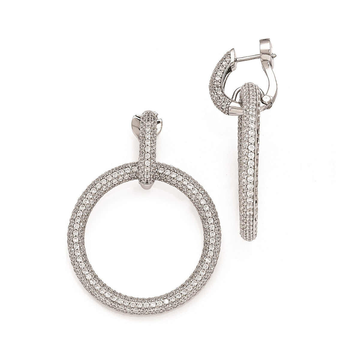Sterling Silver Hoop Drop Earrings with Cubic Zirconia, Modern Circular Statement Design