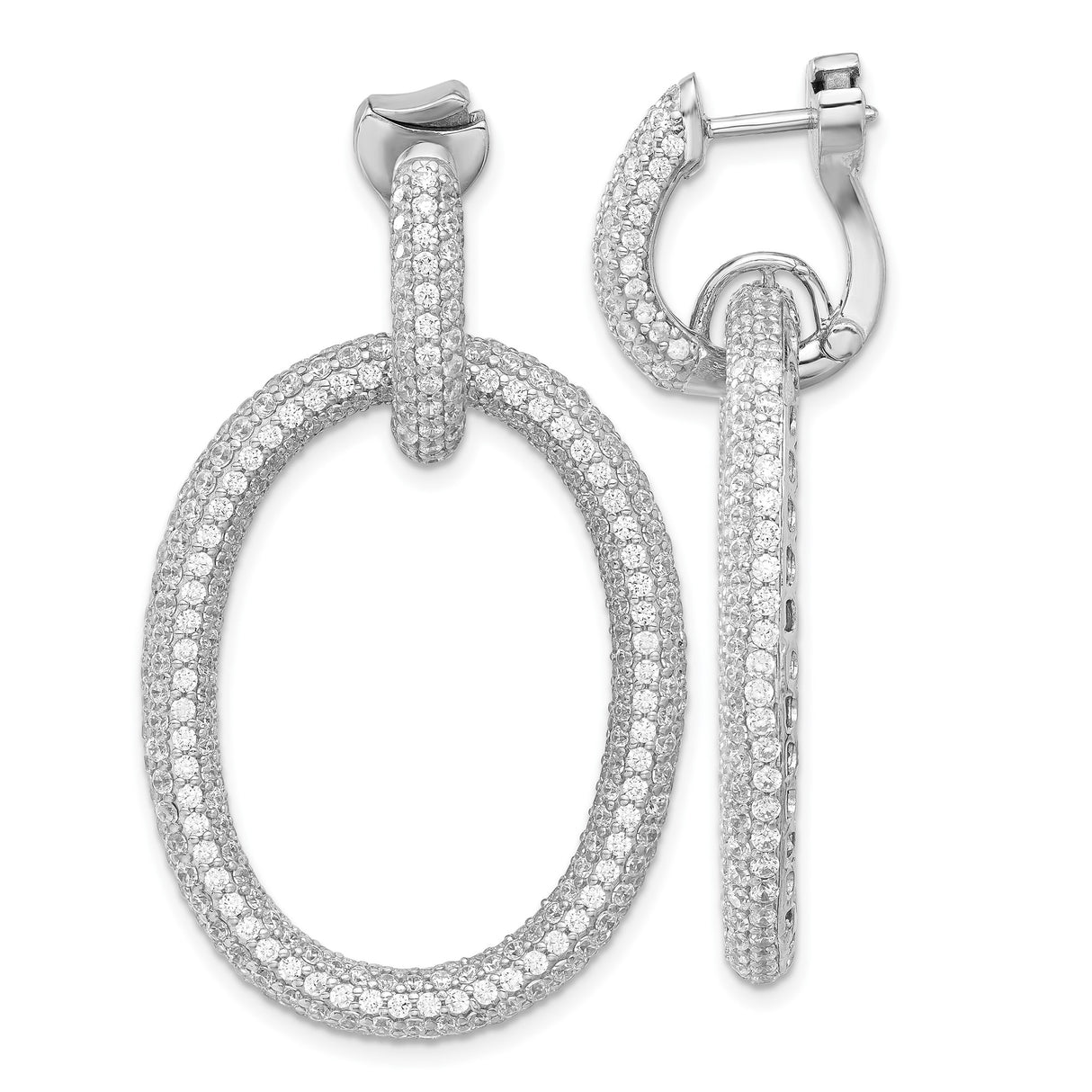 Sterling Silver Oval Hoop Earrings with Cubic Zirconia, Double Loop Design for Women