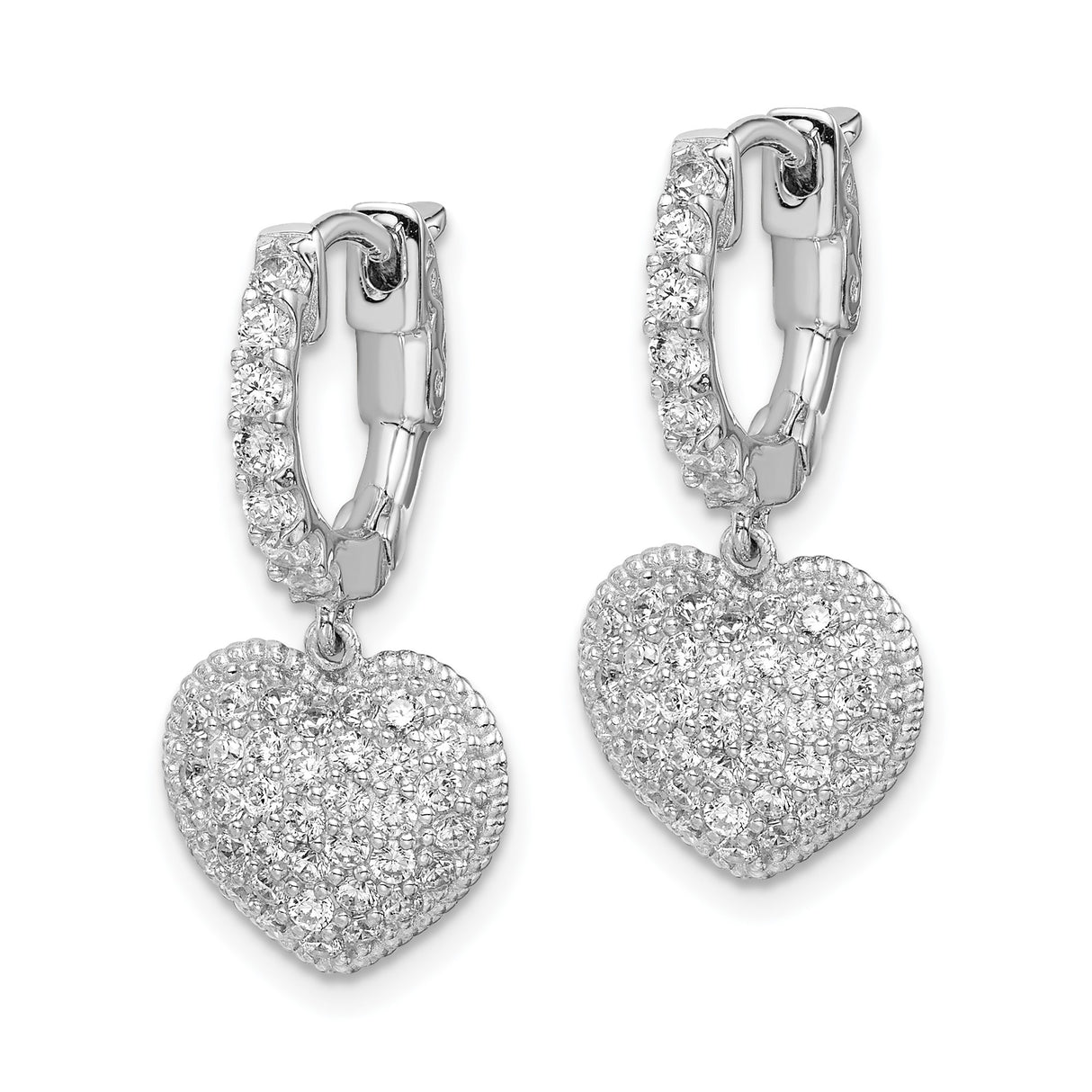 Sterling Silver Heart Dangle Earrings with Cubic Zirconia and Filigree Design