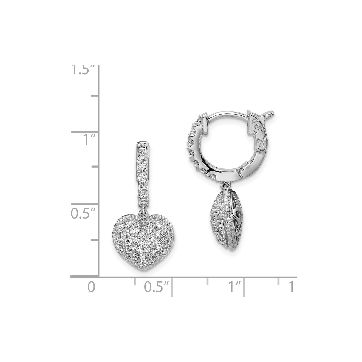 Sterling Silver Heart Dangle Earrings with Cubic Zirconia and Filigree Design