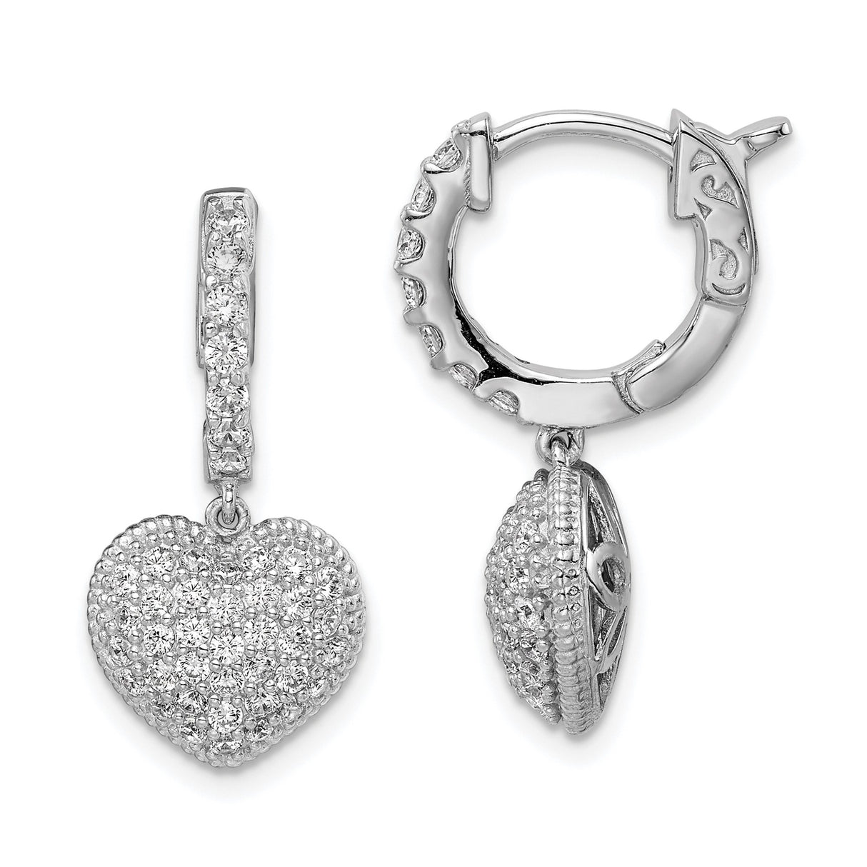 Sterling Silver Heart Dangle Earrings with Cubic Zirconia and Filigree Design
