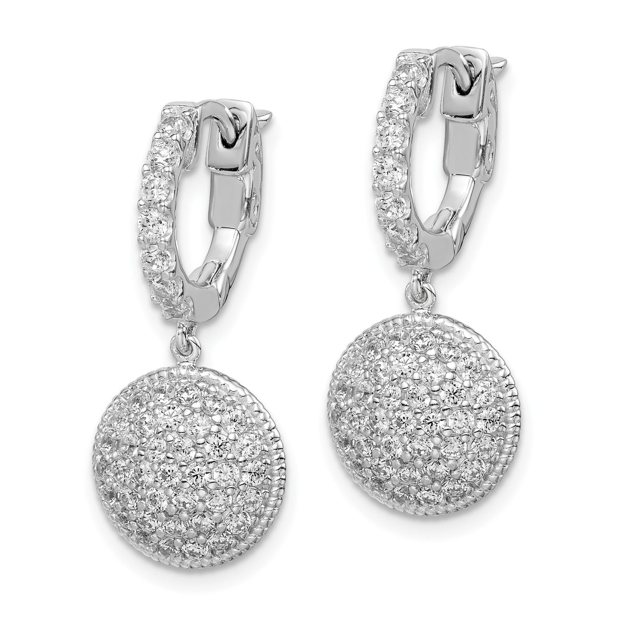 Sterling Silver Dangle Earrings with Cubic Zirconia Pavé Discs, Latch Back Hoop Style