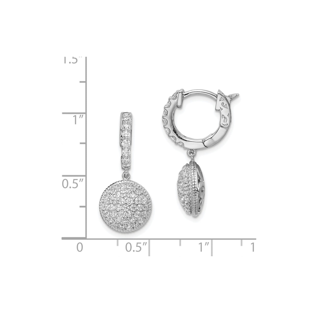 Sterling Silver Dangle Earrings with Cubic Zirconia Pavé Discs, Latch Back Hoop Style