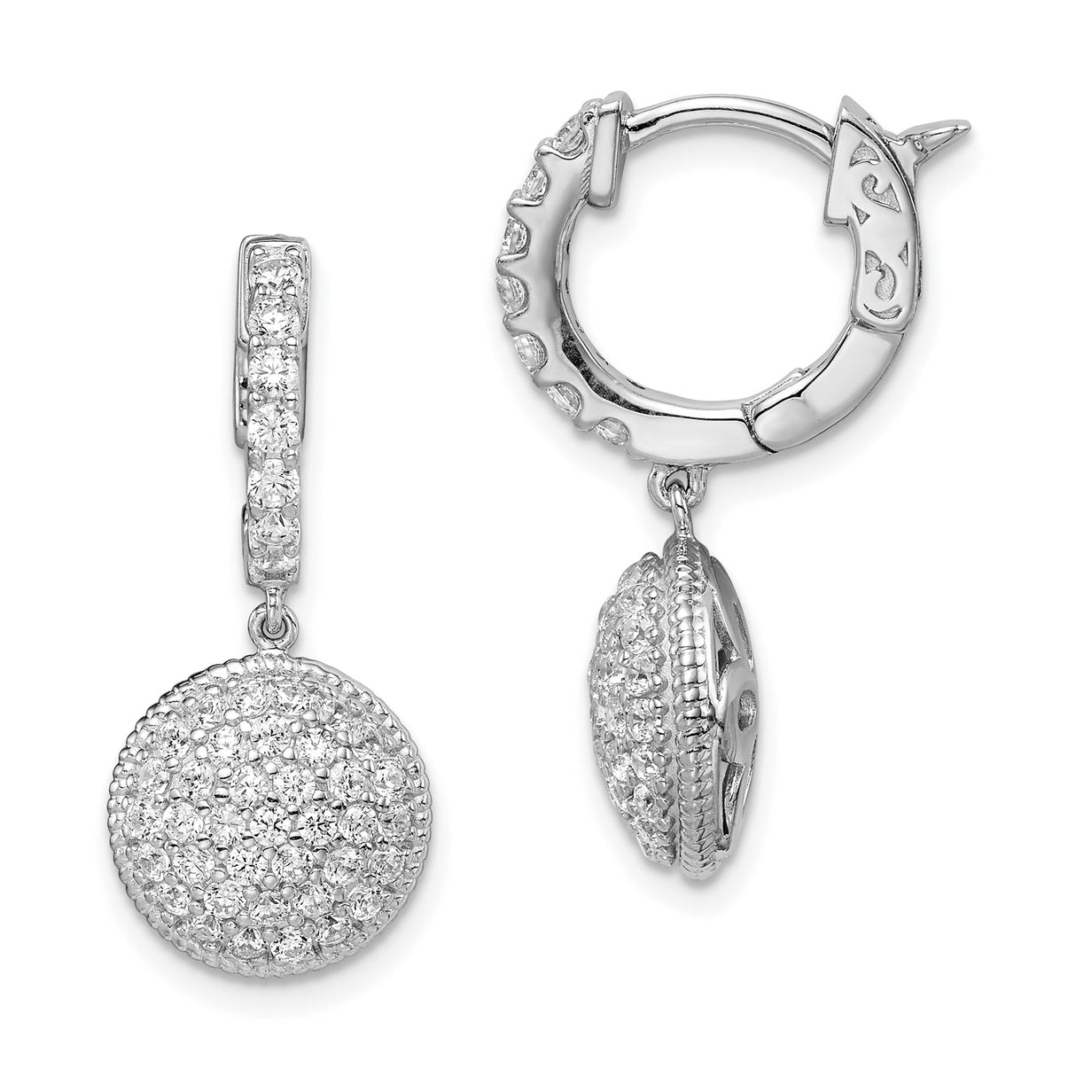 Sterling Silver Dangle Earrings with Cubic Zirconia Pavé Discs, Latch Back Hoop Style