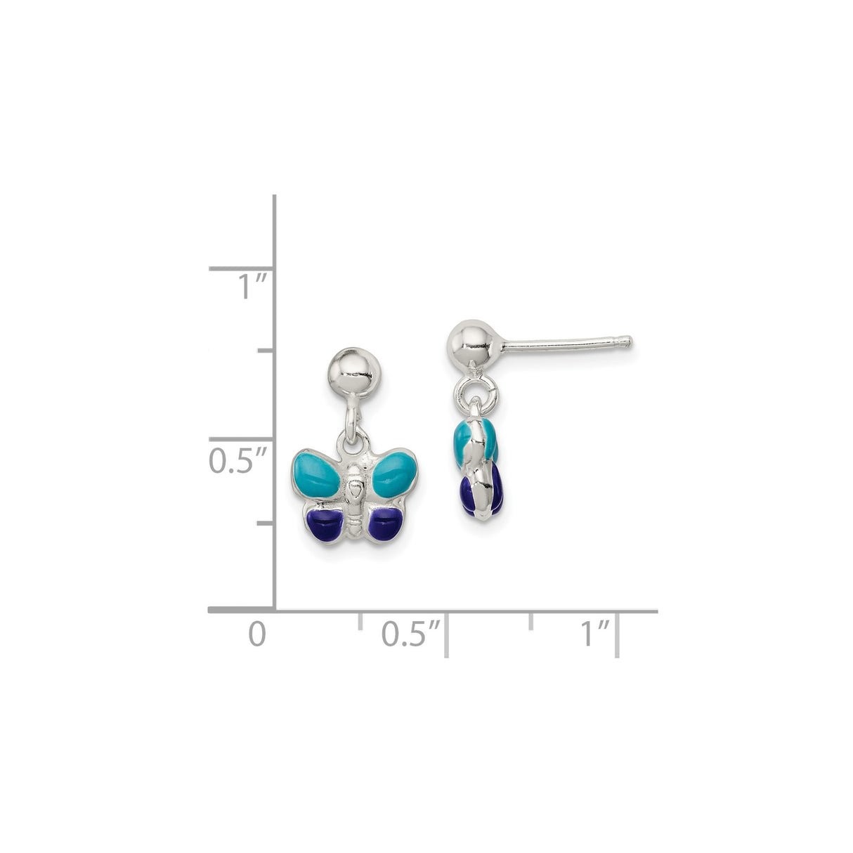 Sterling Silver Butterfly Dangle Stud Earrings with Blue and Purple Enamel Wings