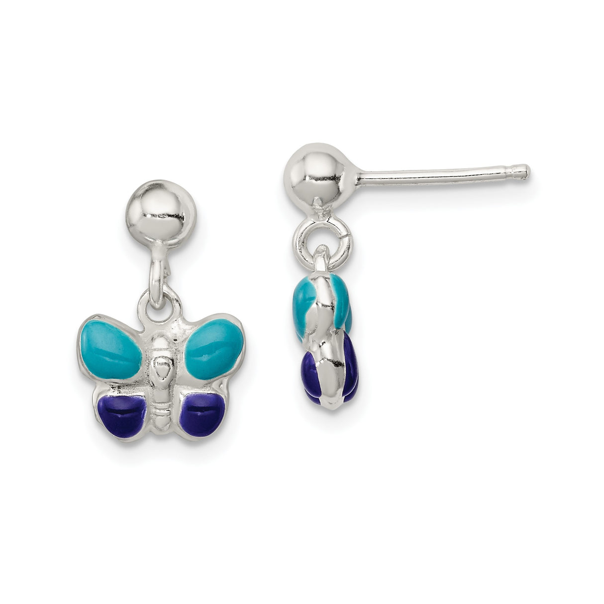 Sterling Silver Butterfly Dangle Stud Earrings with Blue and Purple Enamel Wings