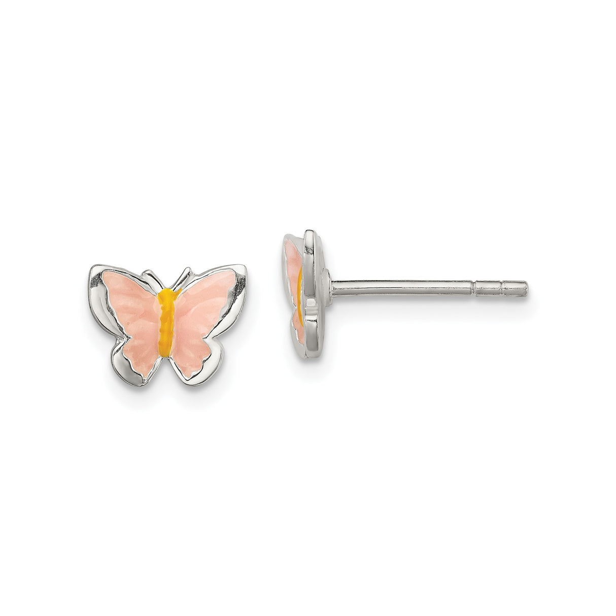 Sterling Silver Butterfly Stud Earrings with Pink and Yellow Enamel for Girls