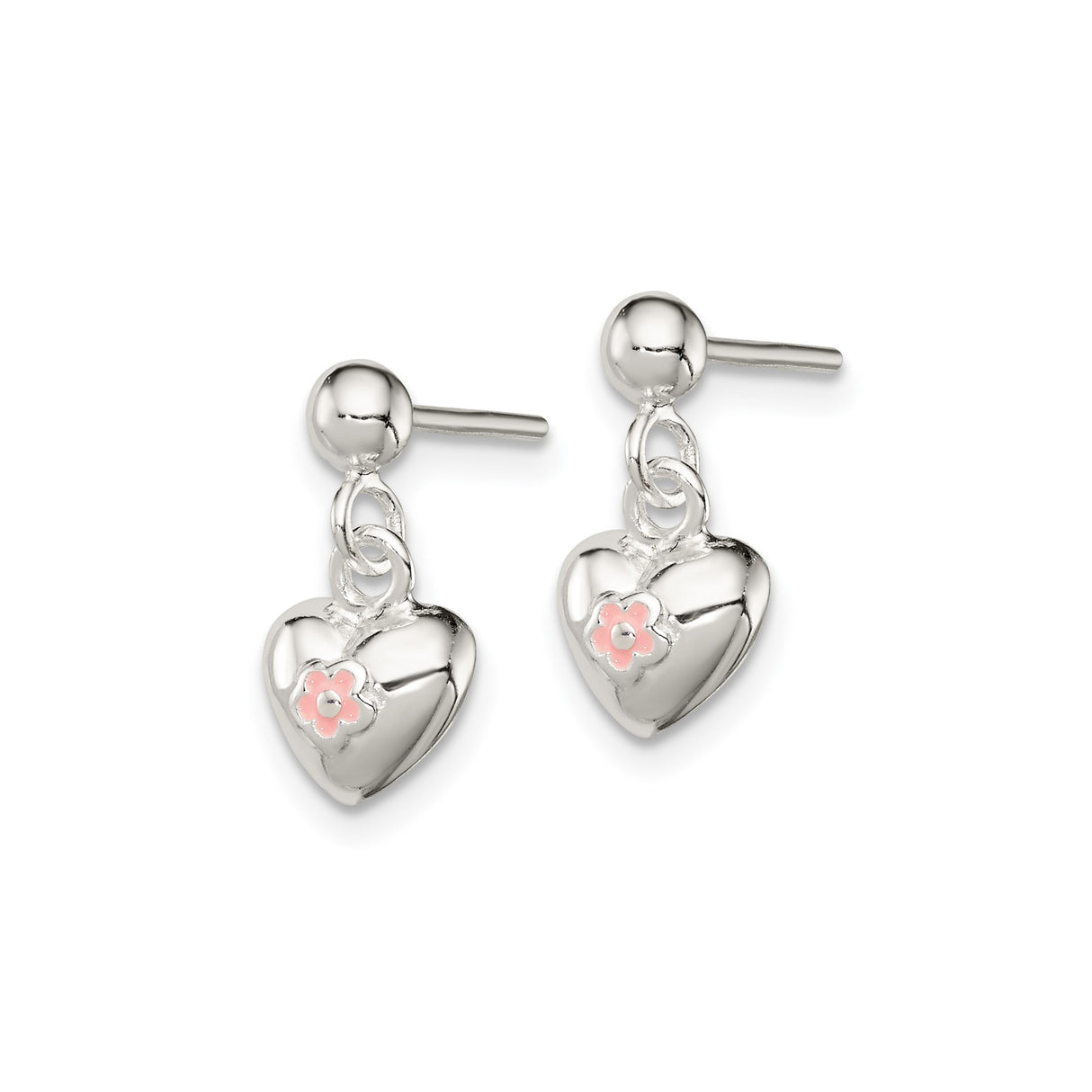 Sterling Silver Heart Dangle Earrings with Pink Enamel Flower Accent for Girls