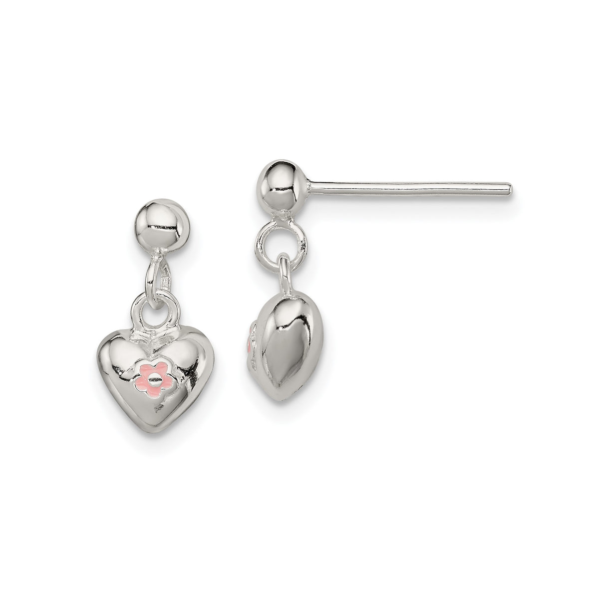 Sterling Silver Heart Dangle Earrings with Pink Enamel Flower Accent for Girls