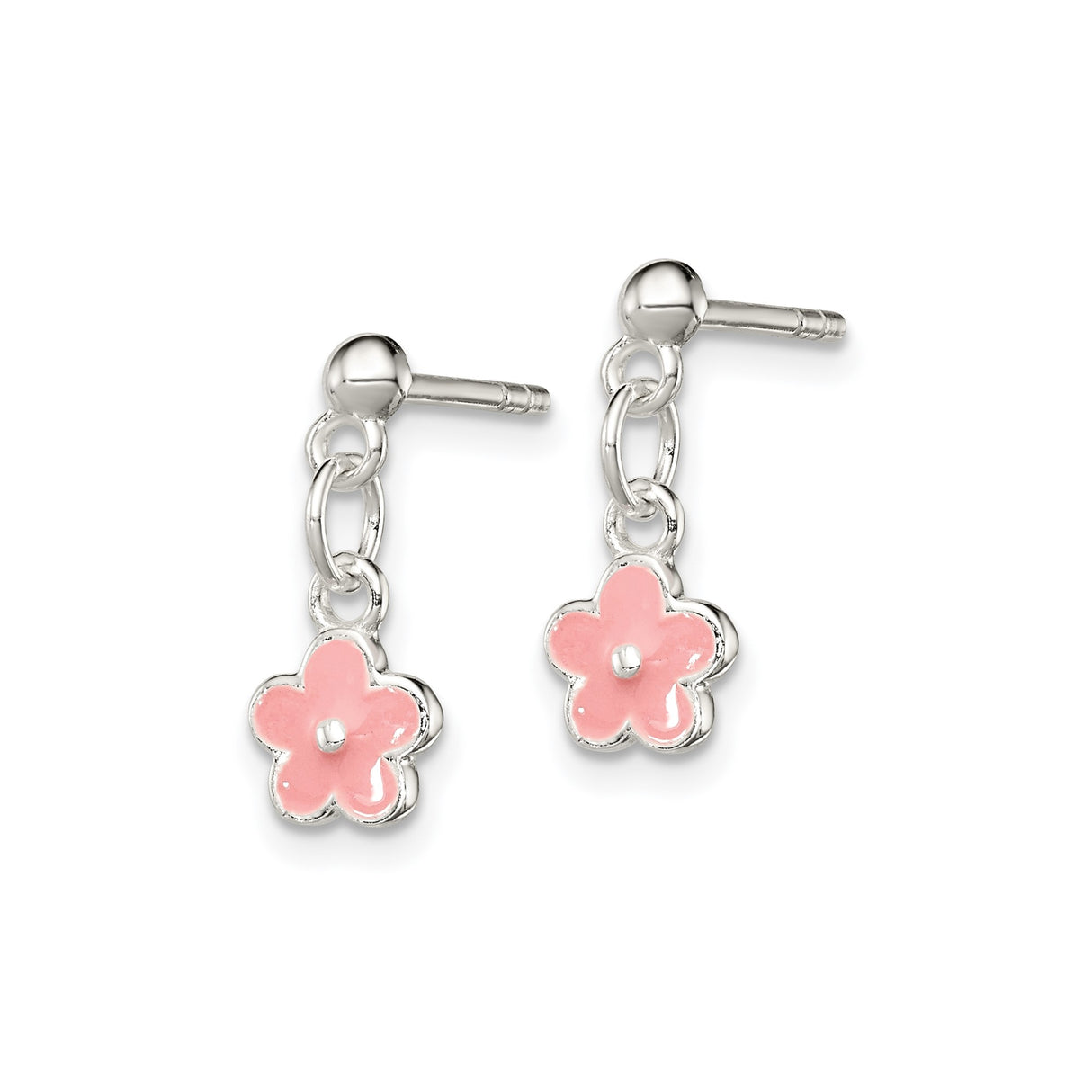 Sterling Silver Dangle Earrings with Pink Enamel Flower Charms, Delicate Floral Design