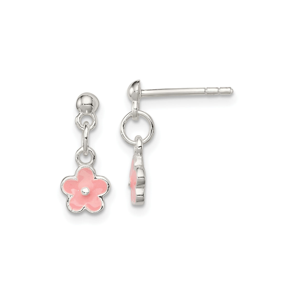 Sterling Silver Dangle Earrings with Pink Enamel Flower Charms, Delicate Floral Design