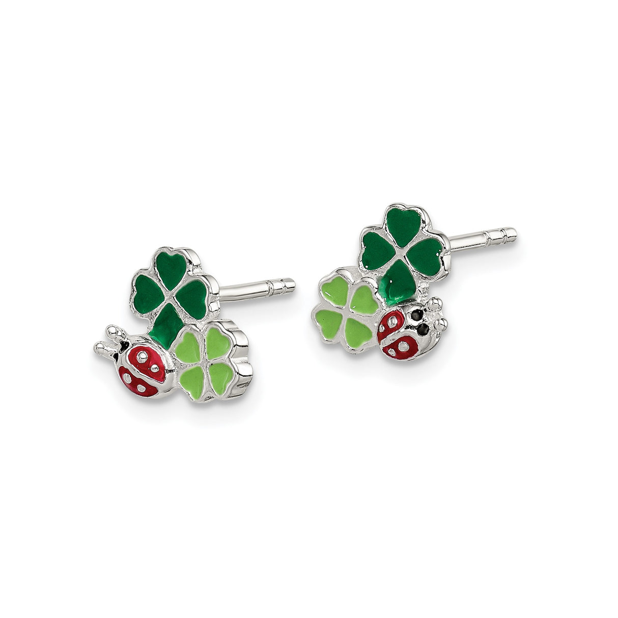 Sterling Silver Stud Earrings with Colorful Four-Leaf Clover and Ladybug Design