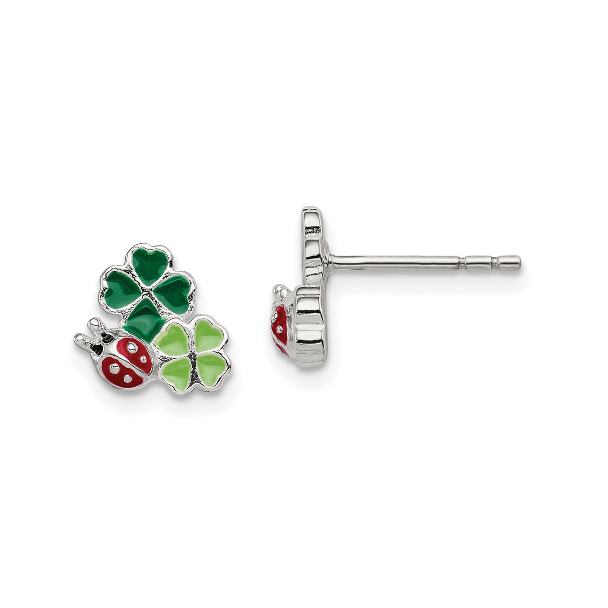 Sterling Silver Stud Earrings with Colorful Four-Leaf Clover and Ladybug Design