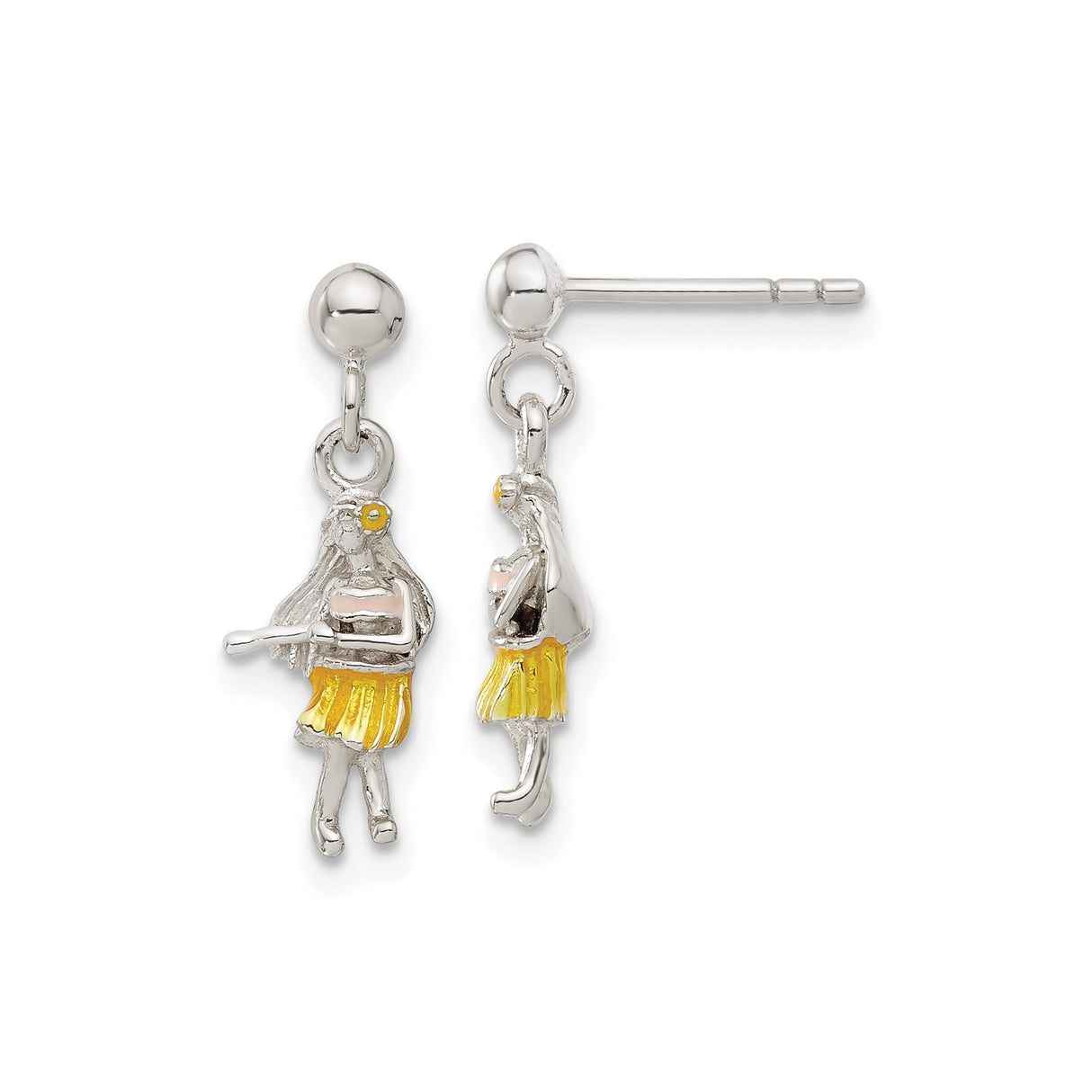 Sterling Silver Hula Dancer Earrings with Yellow Skirt and Pink Top, Tropical Theme