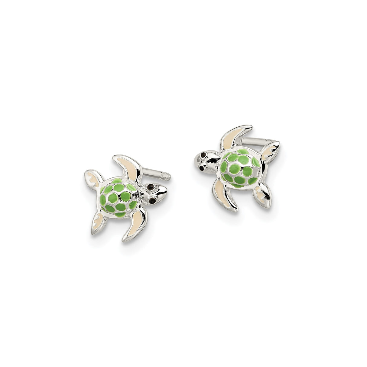 Sterling Silver Turtle Stud Earrings with Green and Beige Enamel, Ocean Theme Jewelry for Women or Girls