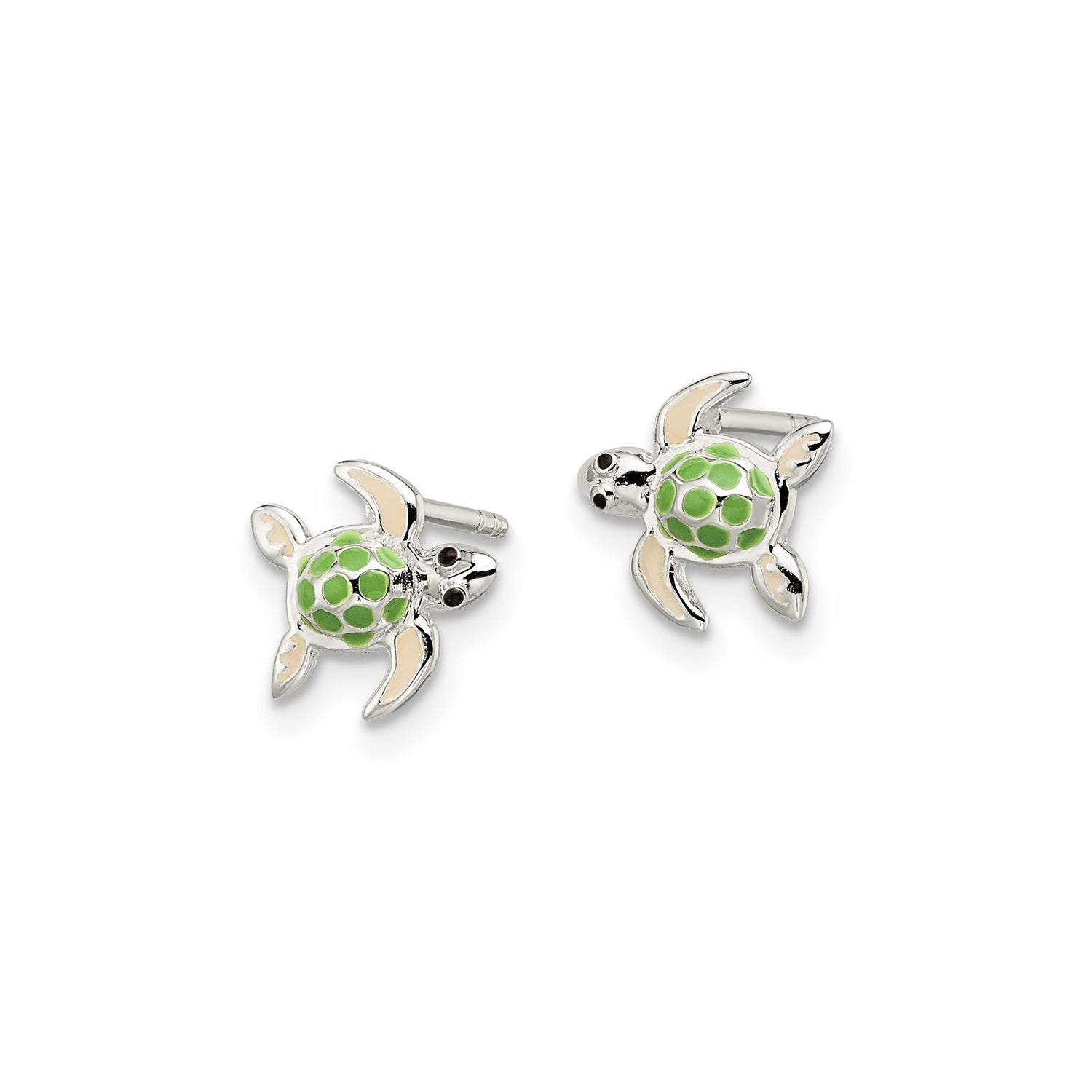 Sterling Silver Turtle Stud Earrings with Green and Beige Enamel, Ocean Theme Jewelry for Women or Girls
