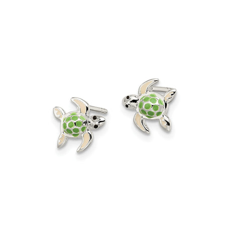 Sterling Silver Turtle Stud Earrings with Green and Beige Enamel, Ocean Theme Jewelry for Women or Girls