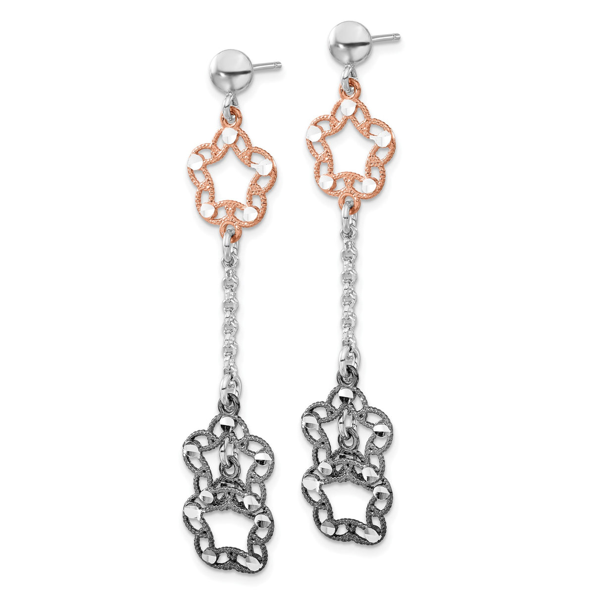 Sterling Silver Dangle Earrings with Asymmetrical Floral Design and Mixed Metal Chain Links