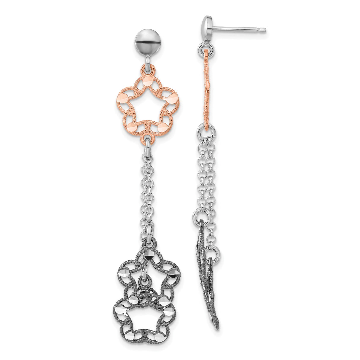 Sterling Silver Dangle Earrings with Asymmetrical Floral Design and Mixed Metal Chain Links