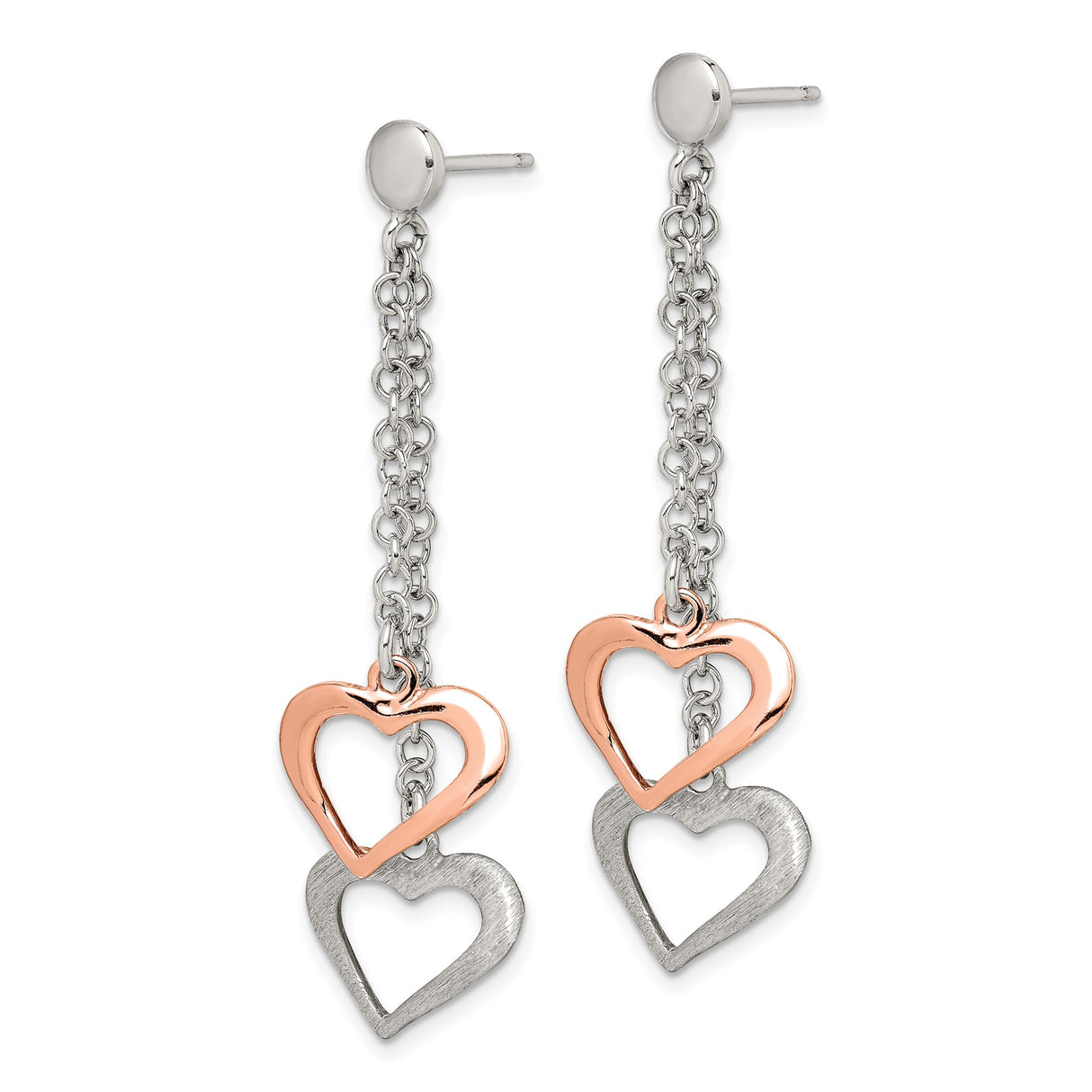 Sterling Silver Dangle Earrings with Rose Gold and Brushed Silver Intertwined Hearts