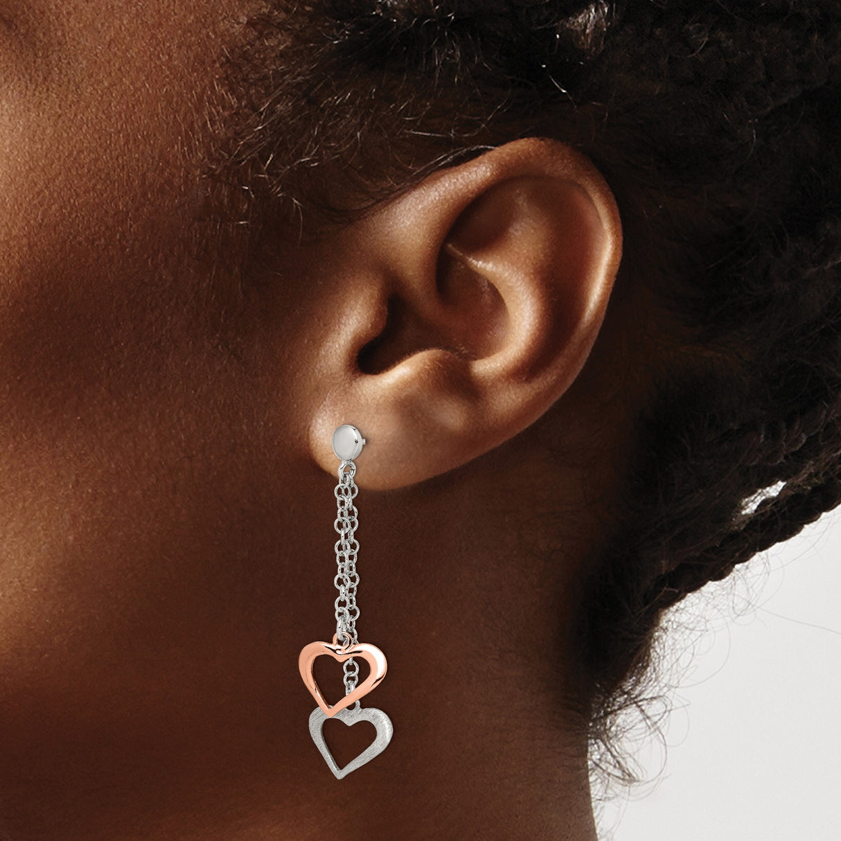 Sterling Silver Dangle Earrings with Rose Gold and Brushed Silver Intertwined Hearts