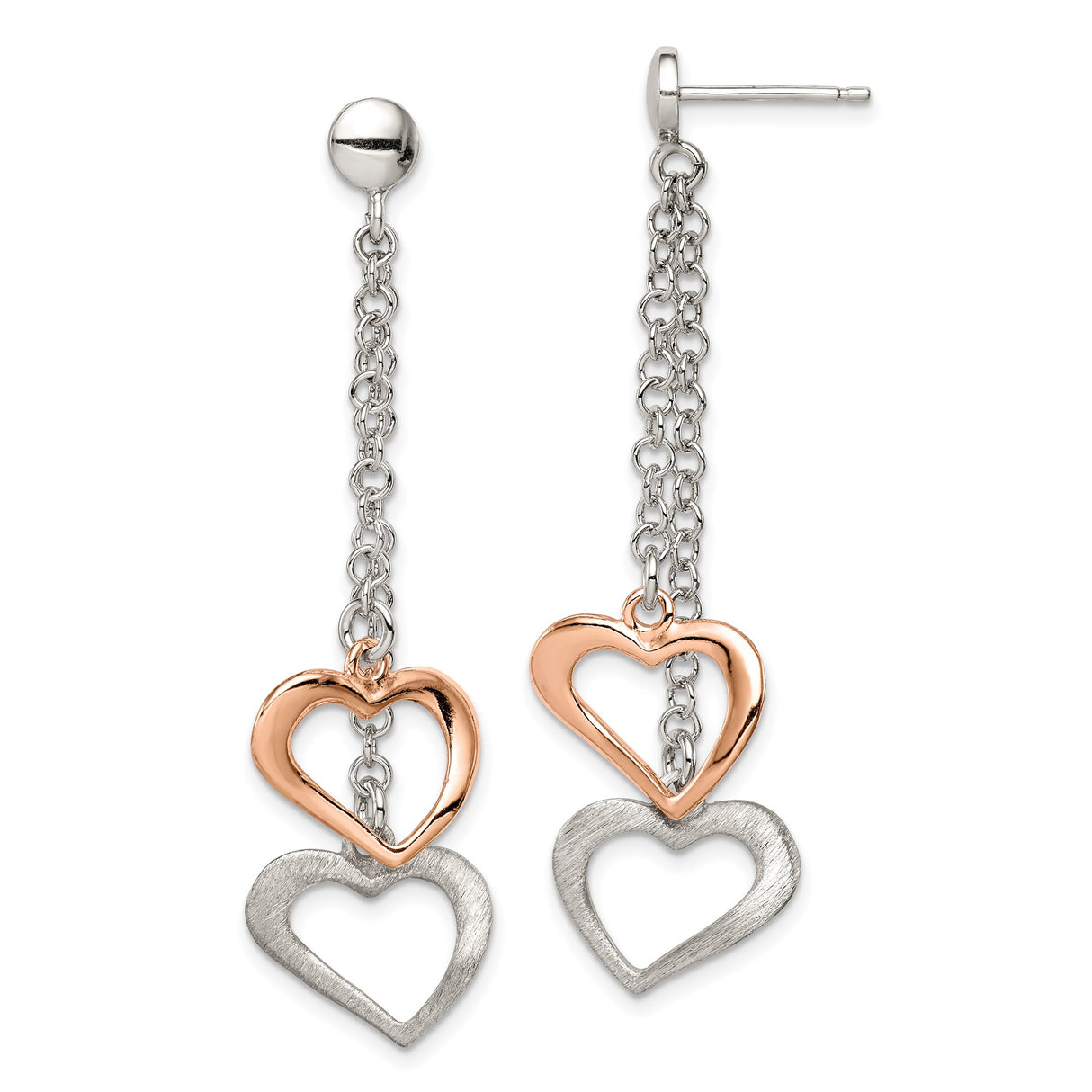Sterling Silver Dangle Earrings with Rose Gold and Brushed Silver Intertwined Hearts
