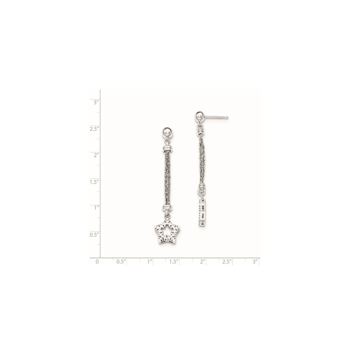 Sterling Silver Dangle Earrings with Cubic Zirconia, Open Star Design and Double Chain Drop
