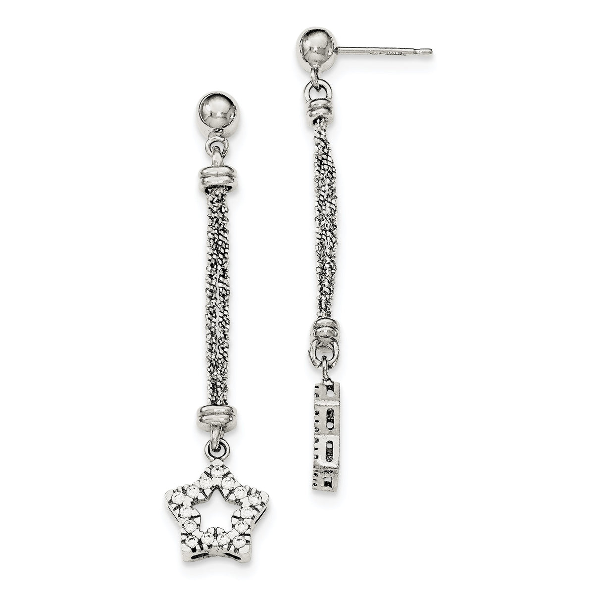 Sterling Silver Dangle Earrings with Cubic Zirconia, Open Star Design and Double Chain Drop