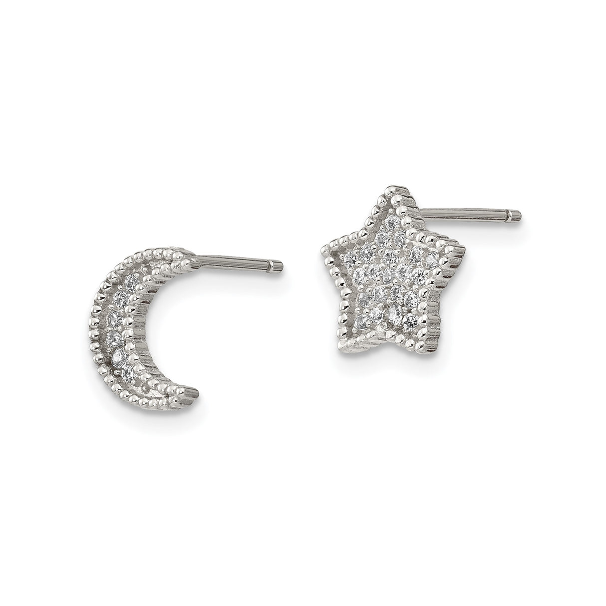Sterling Silver Stud Earrings with Cubic Zirconia, Moon and Star Design, Beaded Edge Detail