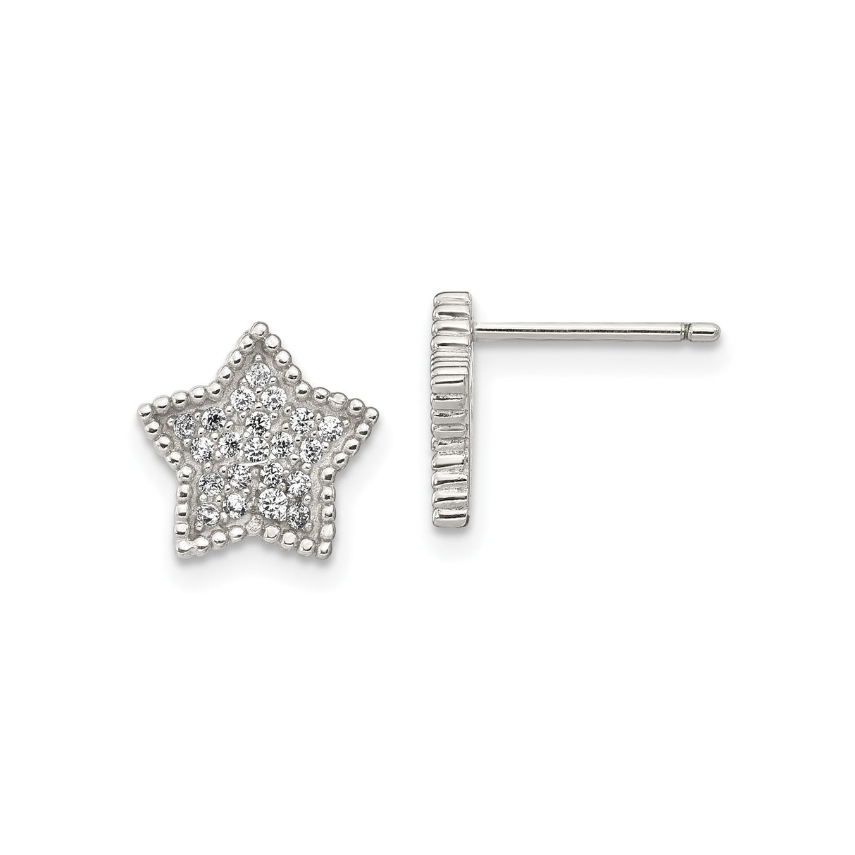Sterling Silver Stud Earrings with Cubic Zirconia, Moon and Star Design, Beaded Edge Detail