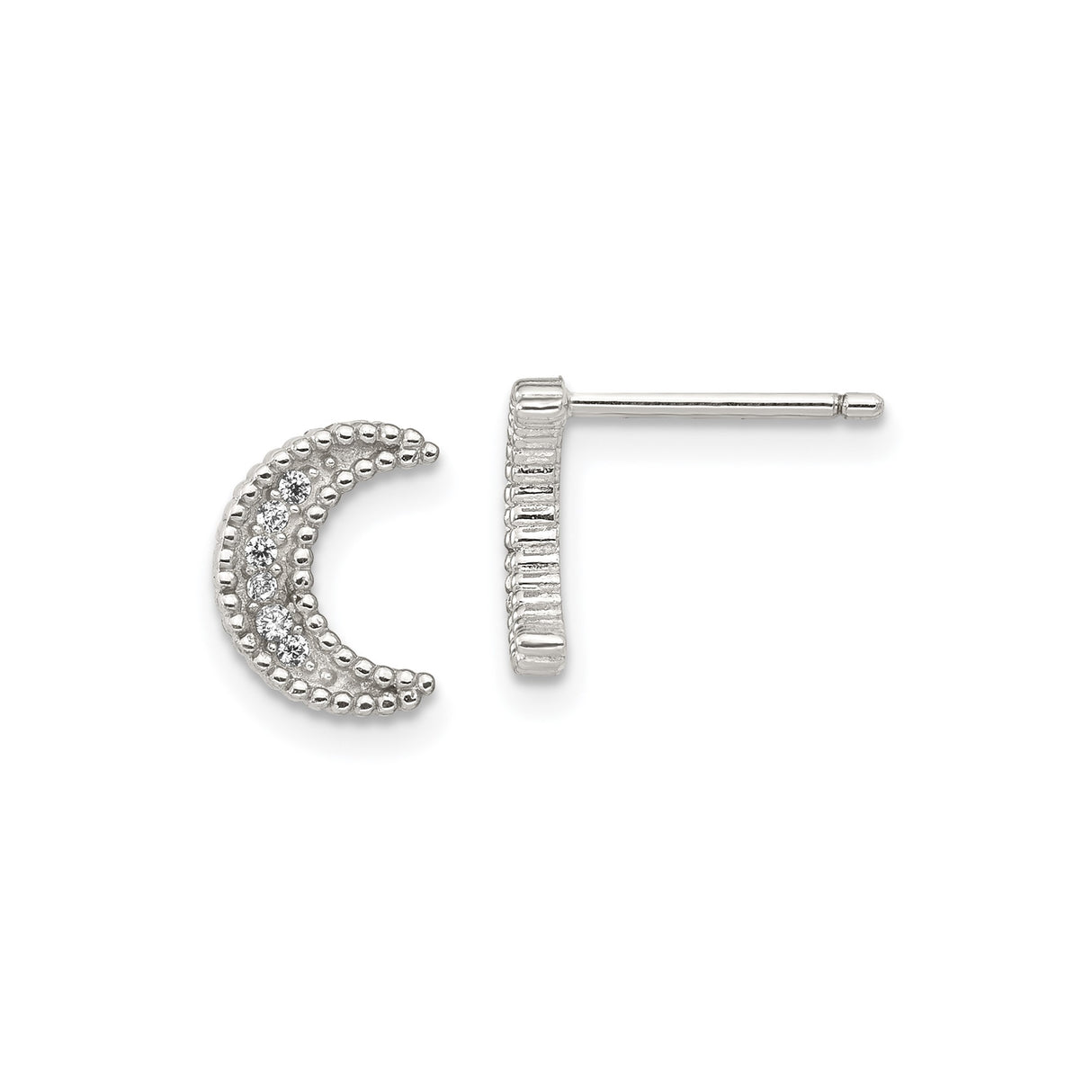 Sterling Silver Stud Earrings with Cubic Zirconia, Moon and Star Design, Beaded Edge Detail