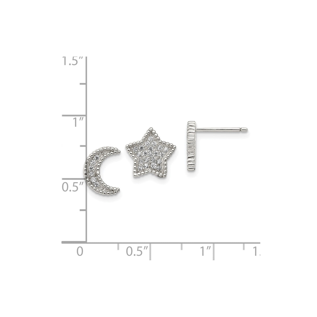Sterling Silver Stud Earrings with Cubic Zirconia, Moon and Star Design, Beaded Edge Detail