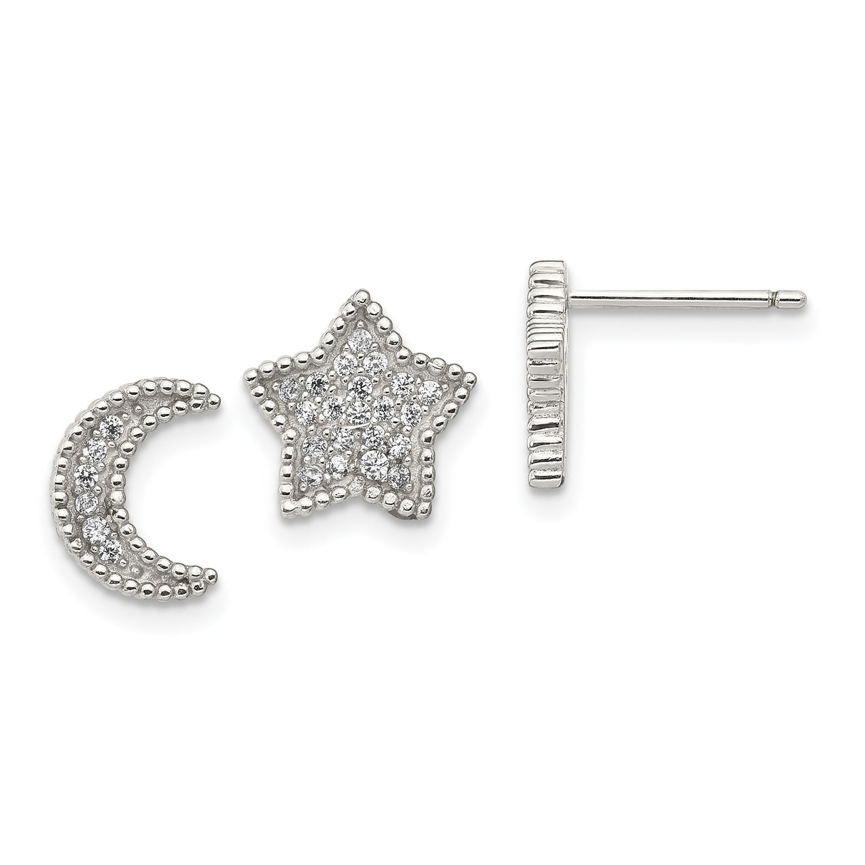 Sterling Silver Stud Earrings with Cubic Zirconia, Moon and Star Design, Beaded Edge Detail