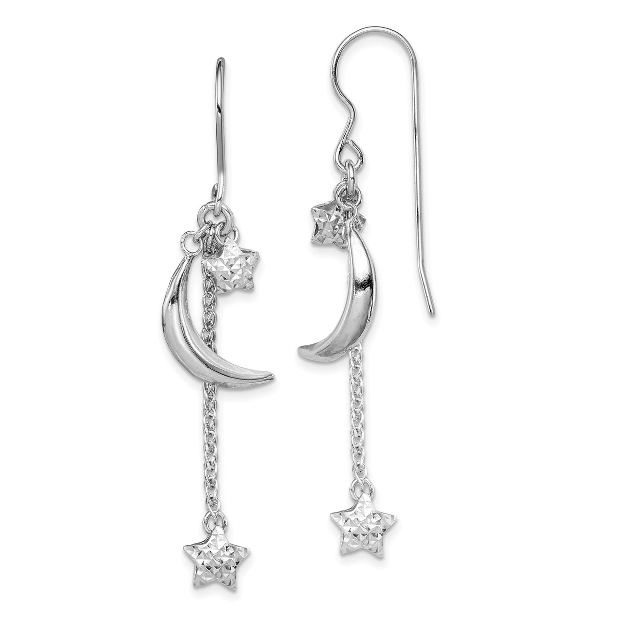 Sterling Silver Dangle Earrings with Crescent Moon and Star Charms, Celestial Boho Style