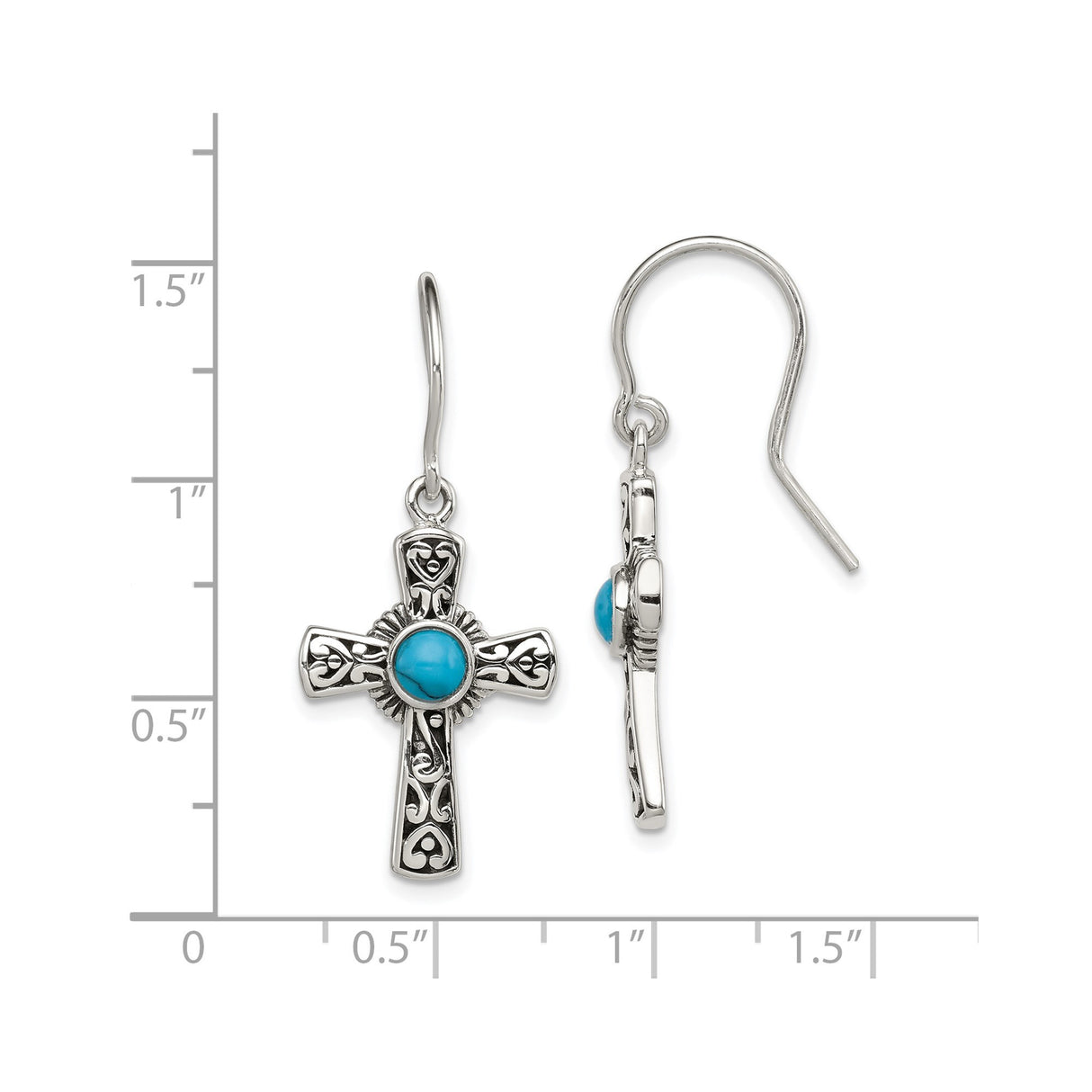 Sterling Silver Cross Pendant with Turquoise, Sunburst Pattern and Filigree Design