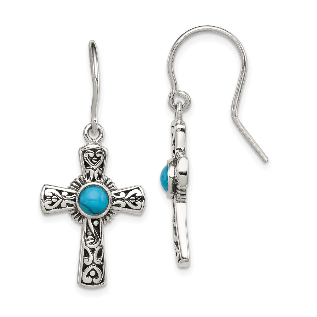 Sterling Silver Cross Pendant with Turquoise, Sunburst Pattern and Filigree Design