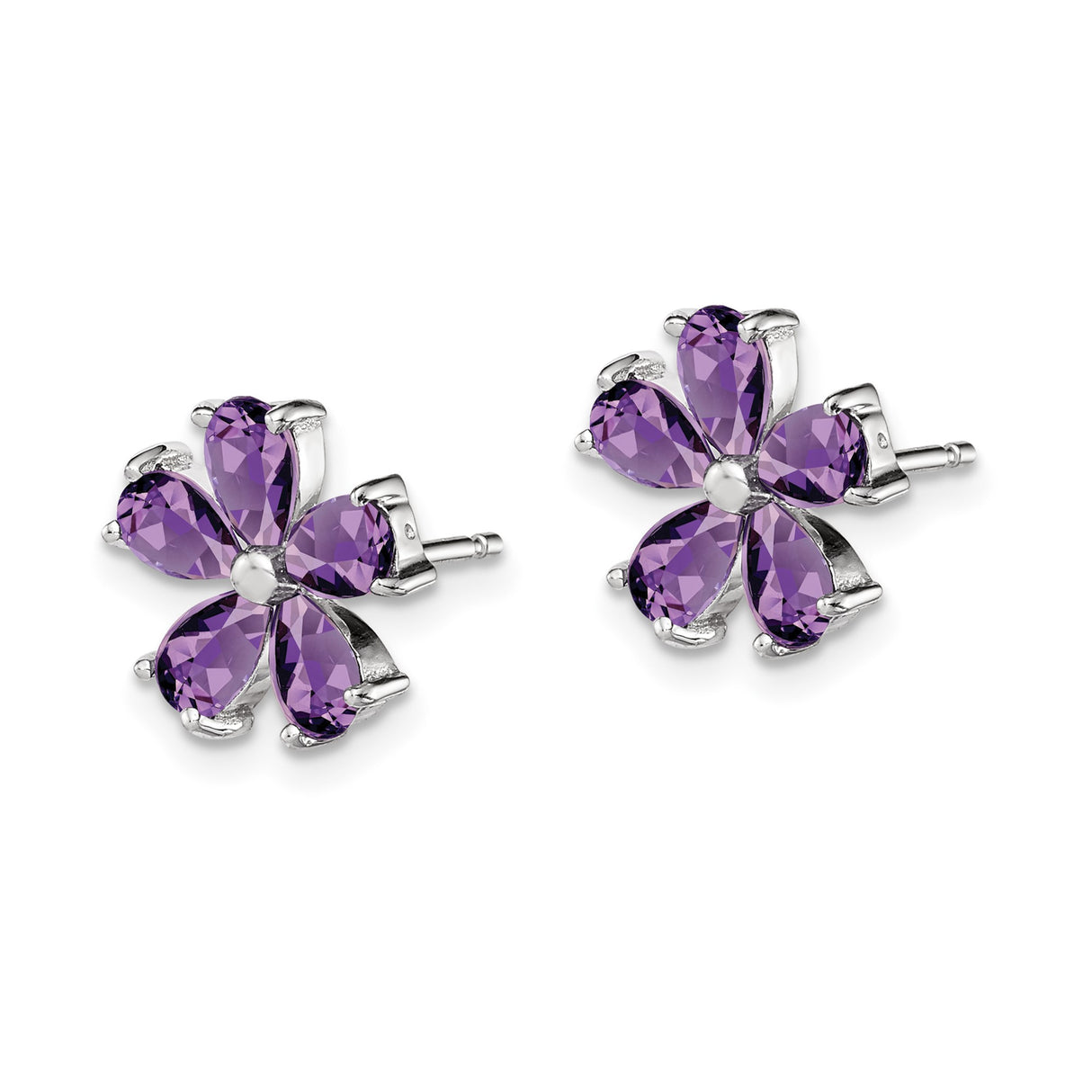 Sterling Silver Flower Stud Earrings with Amethyst Pear-Shaped Gemstones, Nature-Inspired Design